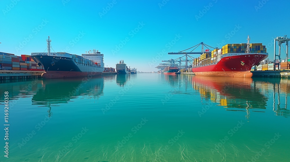 Obraz premium Serene Harbor Scene with Cargo Ships Under Clear Blue Sky