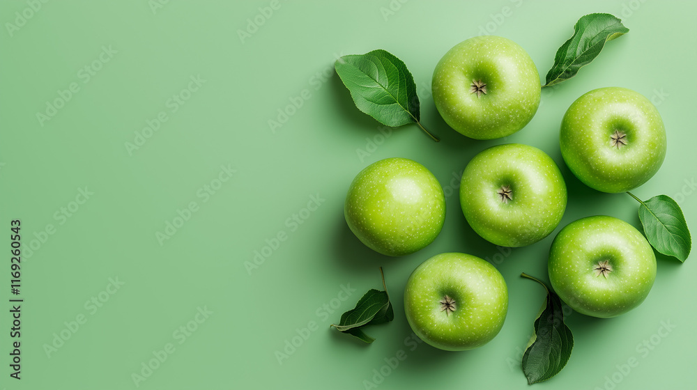 Obraz premium Fresh green apples with leaves on a soft green background copy space