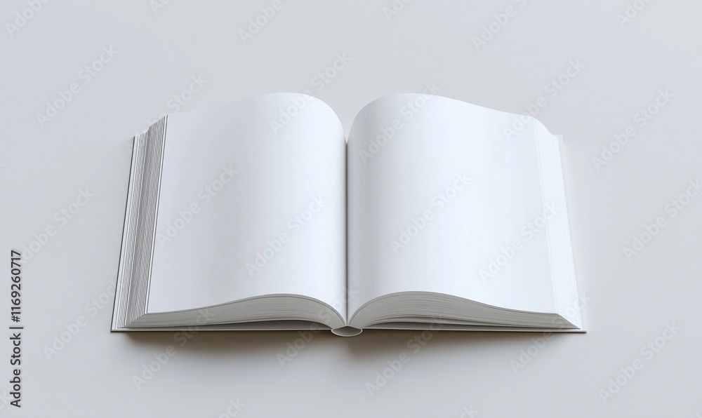 Open book with blank pages resting on a flat surface, suggesting themes of creativity, potential, and imagination. Advertising