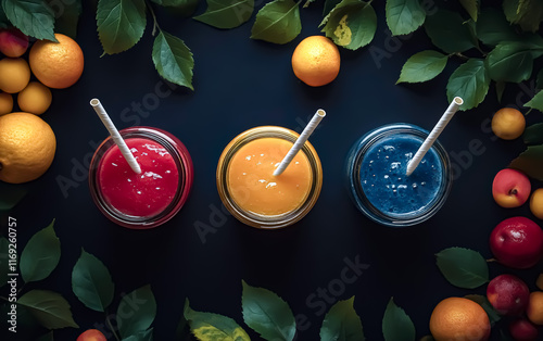 Wallpaper Mural Three colorful smoothies in bottles, decorated with fresh fruits and bright straws, on a dark surface. Concept: Healthy lifestyle, Detox, Morning breakfast, Lifestyle. Image with space for text. Gener Torontodigital.ca