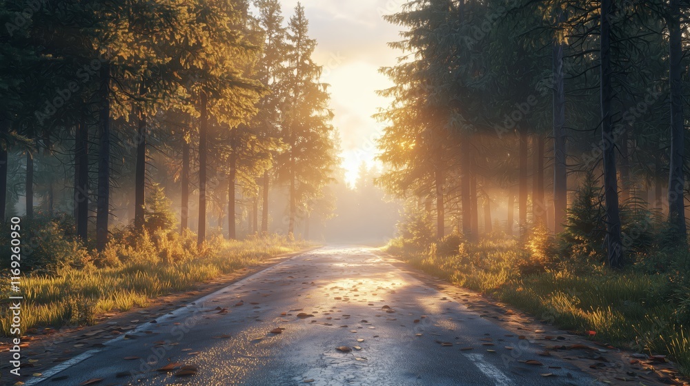 Serene Forest Pathway with Sunlight and Mist at Dawn in Autumn Serene Forest Pathway with Sunlight and Mist at Dawn in Autumn