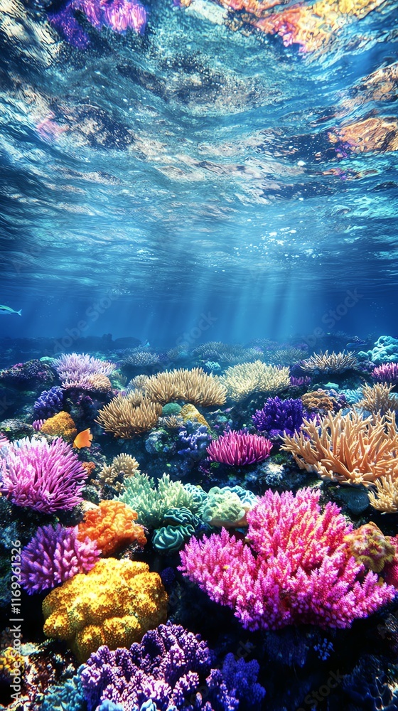 Naklejka premium Vibrant coral reef underwater with colorful corals illuminated by sunlight.