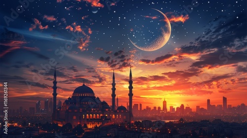 Majestic skyline of a city at sunset with a prominent mosque silhouetted against a starry sky photo