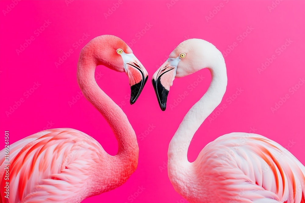 Obraz premium two flamingos standing close to each other creating a heart shape, close up, pink solid color background, valentines day card