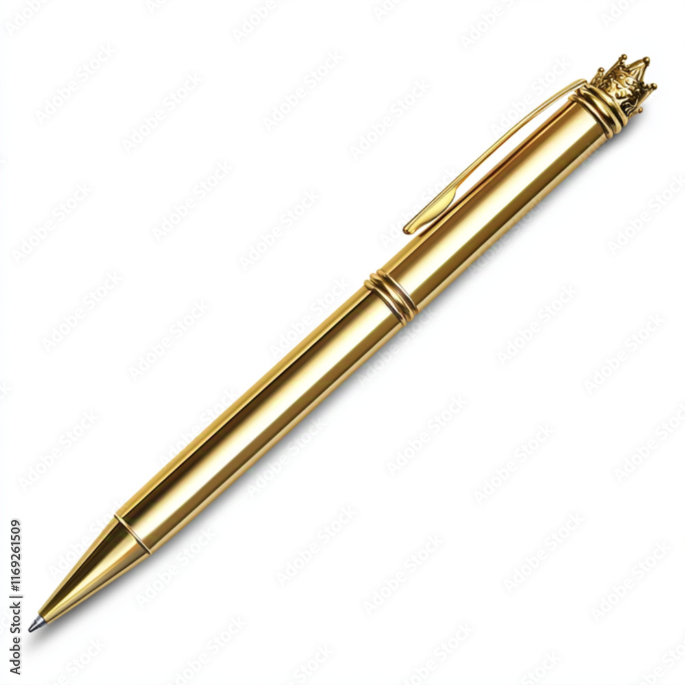 A beautiful office golden pen, with a golden crown at the top. horizontally on a solid white background A beautiful office golden pen, with a golden crown at the top. horizontally on a solid white background