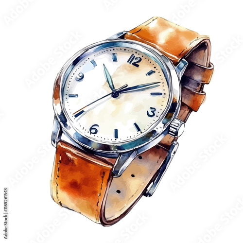 A watercolor vector painting of a stylish wristwatch with a leather strap, isolated on a white background. Stylish wristwatch vector.

