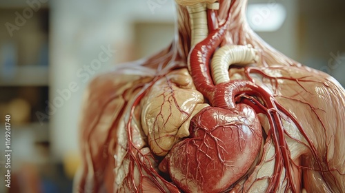 An anatomical illustration of the heart and circulatory system, with detailed arteries, veins, and capillaries visible in a human body model.