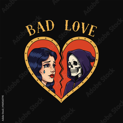 A split heart depicts a crying woman and the grim reaper symbolizing a failed and ultimately fatal relationship.