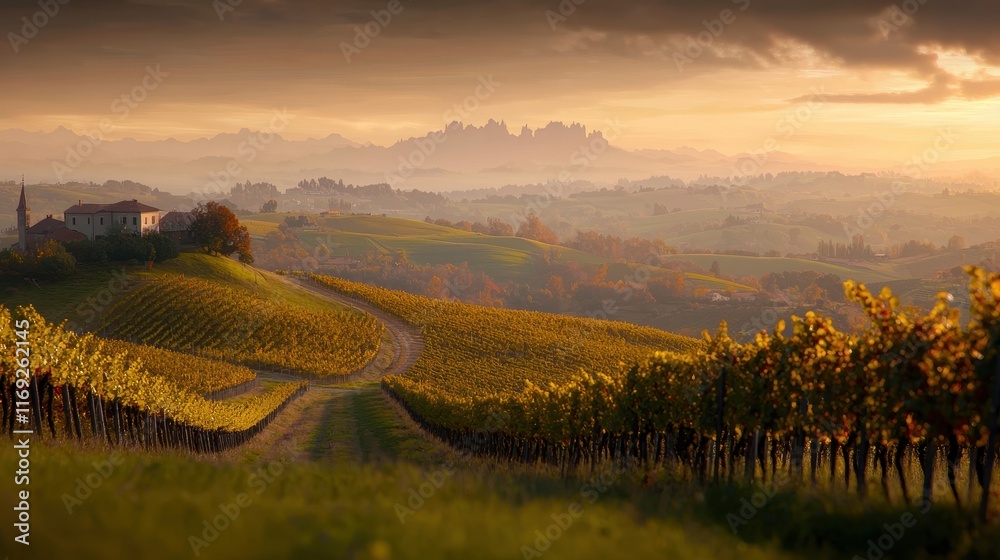 Naklejka premium Serene Landscape of Rolling Vineyards Under a Golden Sunset with Misty Mountains in the Distance