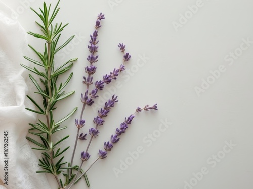 Fresh sprig of rosemary with lavender flowers representing natural essential oil and herbal benefits for wellness and aromatherapy