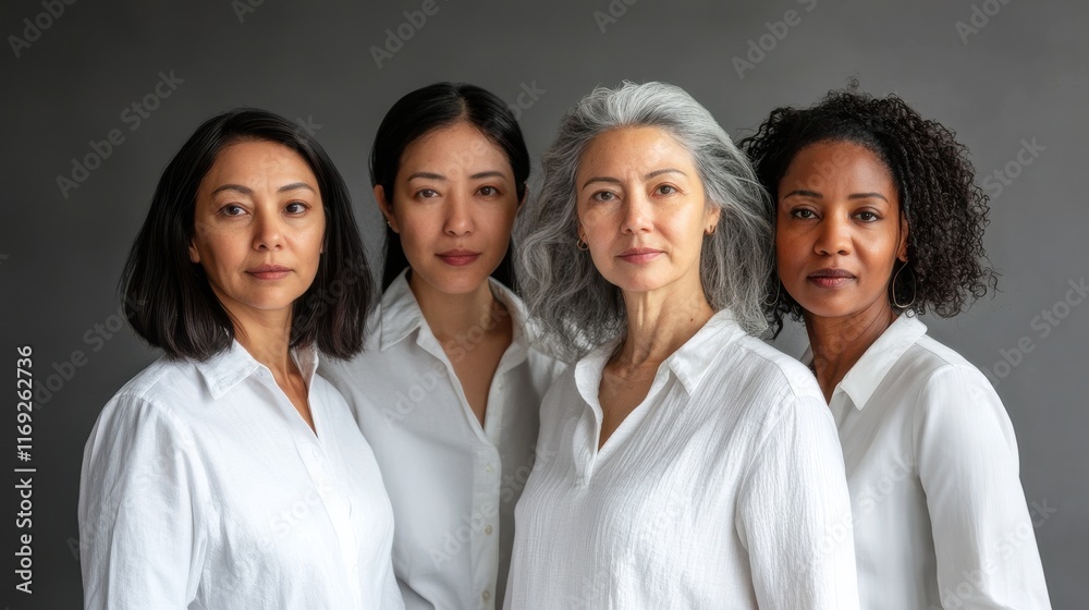 A group of four diverse confident women of different ages and ethnicities pose together in white shirts against a neutral gray background, representing woman empowerment. A group of four diverse confident women of different ages and ethnicities pose together in white shirts against a neutral gray background, representing woman empowerment.
