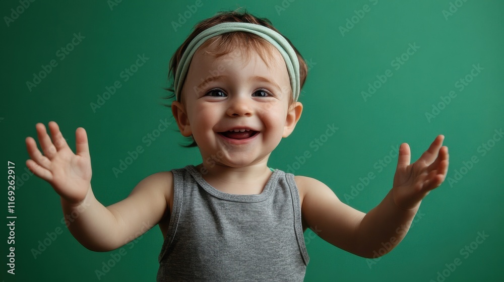 Portrait of a joyful young child in a gray tank top and headband, smiling brightly with open arms on a green background. Portrait of a joyful young child in a gray tank top and headband, smiling brightly with open arms on a green background.