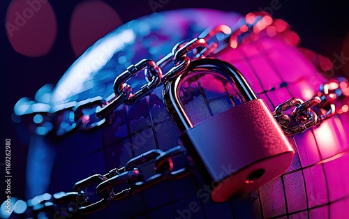 A globe encircled by a chain and locked padlock, symbolizing security, protection, and global data privacy.