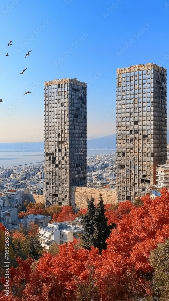 Obraz premium Stunning Autumn Cityscape Featuring Twin Skyscrapers with Vibrant Red Foliage and Bird Silhouette Under Clear Blue Sky in Urban Horizon Near Waterfront View