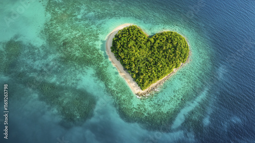 Aerial view of heart shaped island surrounded by turquoise waters, showcasing nature beauty
