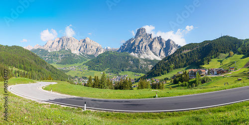 Passo Campologno, view to Corvara tourist resort and Sassongher mountain, south tyrol