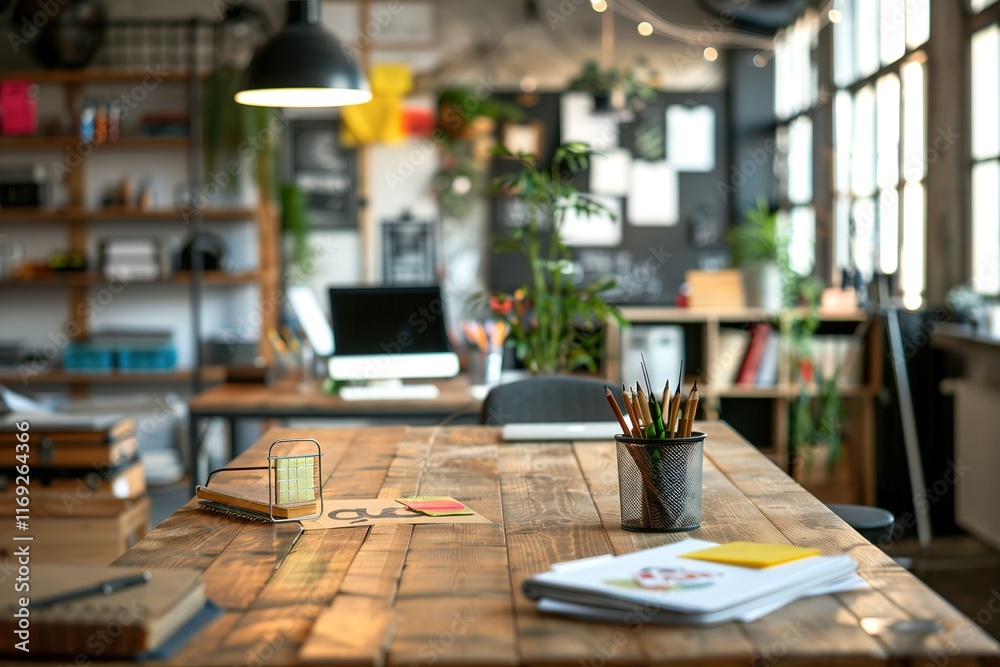 custom made wallpaper toronto digitalCreative workspace with wooden desk, pencils, and notebooks.