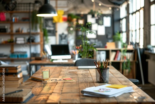 Wallpaper Mural Creative workspace with wooden desk, pencils, and notebooks. Torontodigital.ca