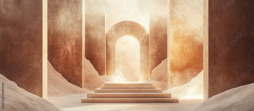 Sunlit archway in a sandy, minimalist architectural space. Sunlit archway in a sandy, minimalist architectural space.