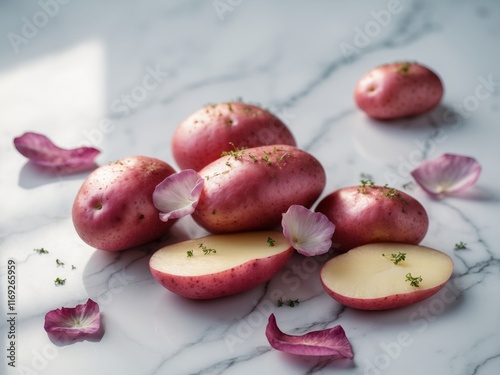 Freshly Sliced Red Potatoes with Petals on White Marble Background Ideal for Culinary and Food Presentation Concepts.