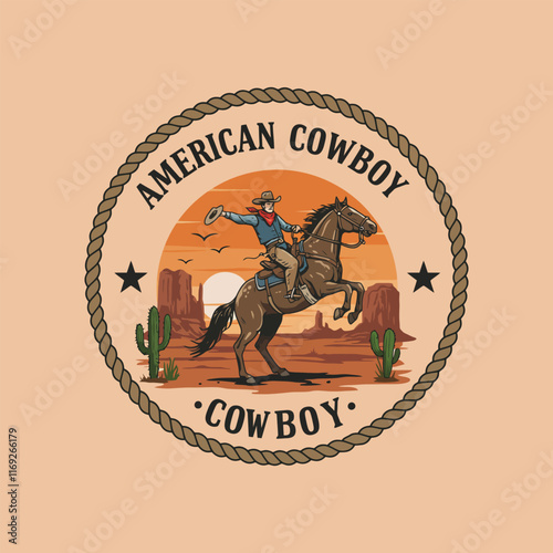 An illustration depicts an American cowboy riding a bucking horse against a desert sunset backdrop.