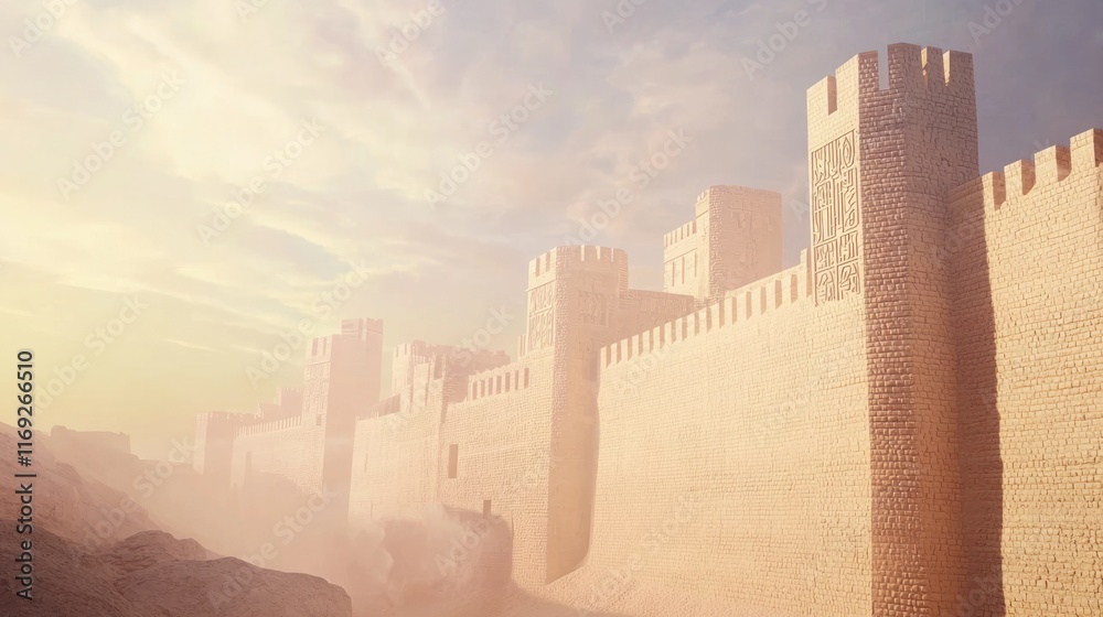 Obraz premium Futuristic Arab Cityscape: Modern Fortress Walls, Mosaic Screens, Cooling Towers, Sand Storms, Cinematic Urban Landscape