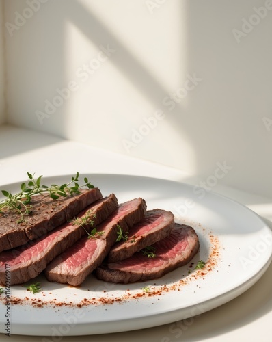 Juicy beef steak slices garnished with herbs and spices on white plate. photo