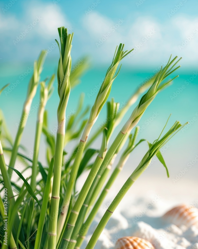 Fototapeta premium Fresh Green Lemongrass Stalks on Tropical Beach with Clear Water