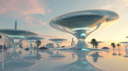 Futuristic Arab Oasis: Levitating Solar Disks in Reflective Water Channels at Dawn - Ultra-Detailed Cinematic Image photo