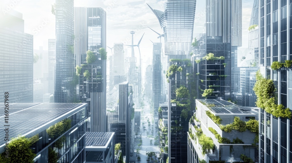 Obraz premium Urban design with renewable energy elements, such as solar panels and wind turbines, integrated into the cityscape, with space for text on the side.