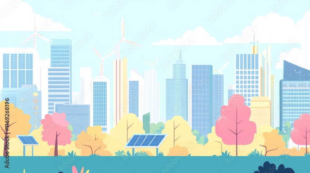 Obraz premium Urban landscape with renewable energy sources, like solar panels and wind turbines, symbolizing sustainability in modern city design, with side copy space.