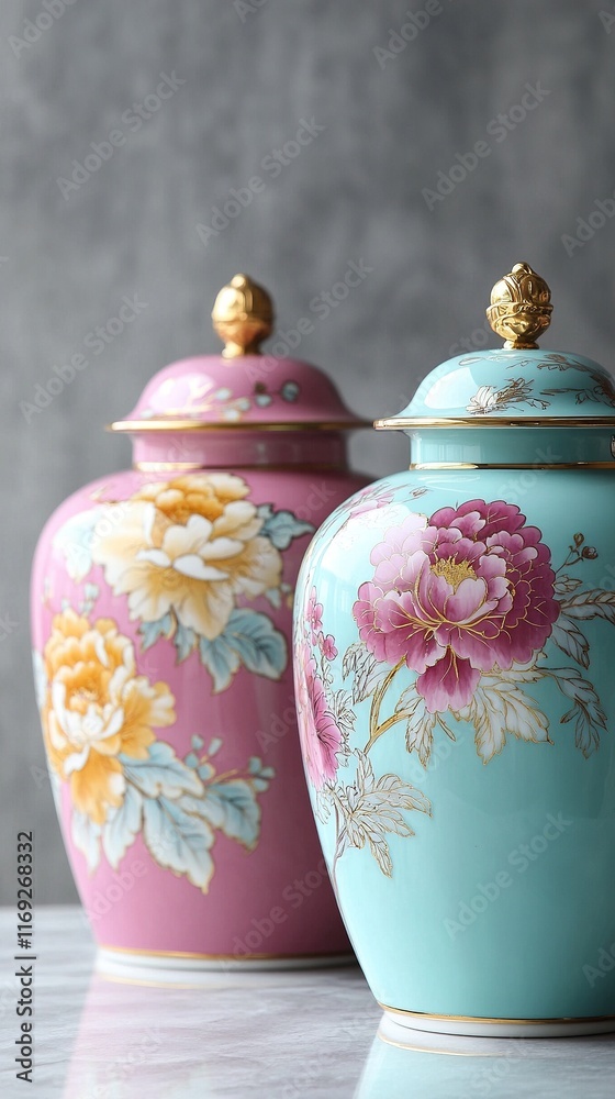 Two decorative ceramic jars with floral patterns and gold lids. Two decorative ceramic jars with floral patterns and gold lids.