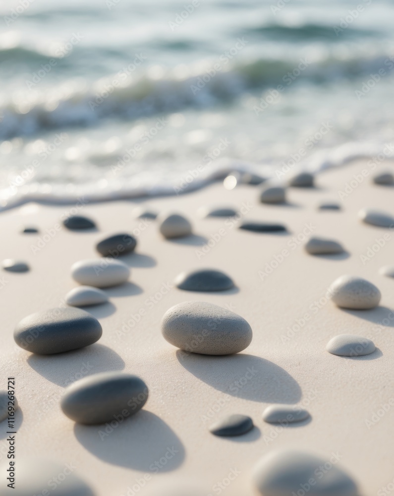 Smooth Pebbles on Soft Sand with Gentle Waves in Background. Smooth Pebbles on Soft Sand with Gentle Waves in Background.