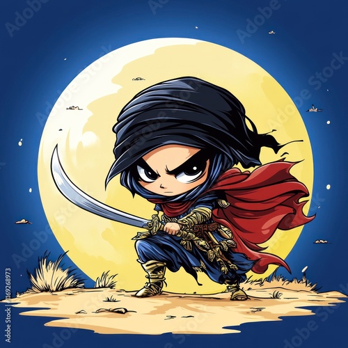 A chibi-style warrior with a sword, poised against a moonlit background. photo