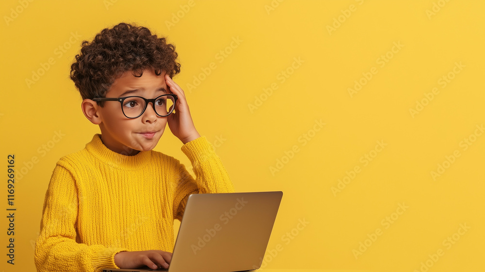 A boy is holding his forehead while looking at the laptop screen with a confused look A boy is holding his forehead while looking at the laptop screen with a confused look
