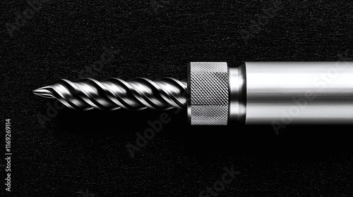 Close-up of a silver metal drill bit with a knurled adjustment collar against a black background. photo