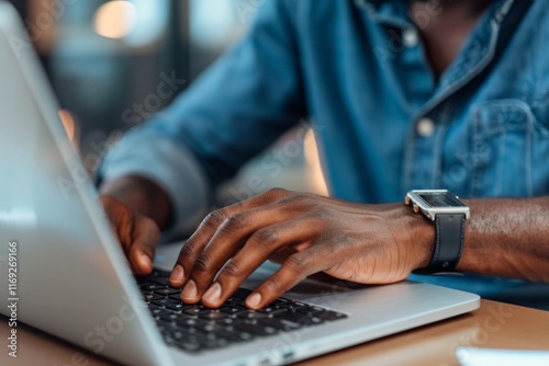 A man is typing on a laptop while wearing a watch