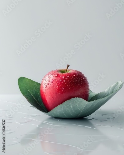 A Red Apple with Water Droplets and a Leaf. photo