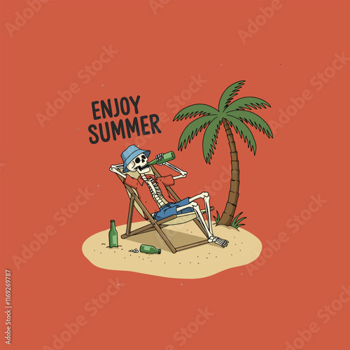 A cartoon skeleton relaxes in a beach chair on a tropical island, enjoying a beer and the summer sun.