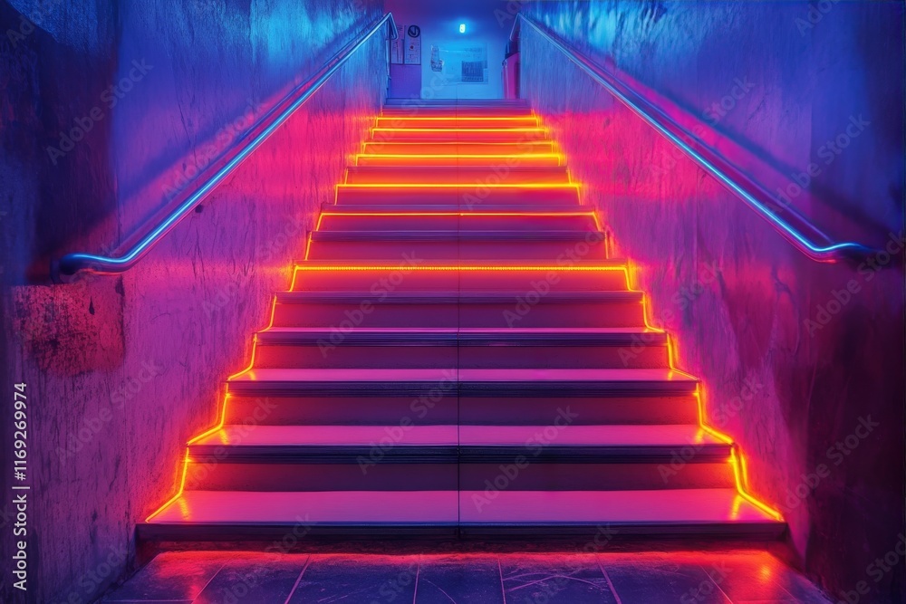 Obraz premium Bright neon-lit staircase in urban setting with vibrant colors creates captivating atmosphere