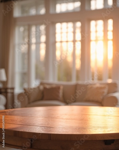 Empty Wooden Table Top with Blurred Background of Window and Cozy Living Room in Sunset Light. photo