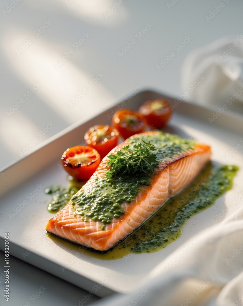Delicious baked salmon with herb sauce and roasted cherry tomatoes for a healthy meal. Delicious baked salmon with herb sauce and roasted cherry tomatoes for a healthy meal.