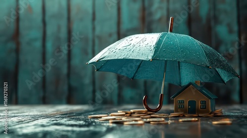 Wallpaper Mural Model of umbrella with house and coins on wooden table concept of the system of insurance savings and the cost of health insurance Torontodigital.ca