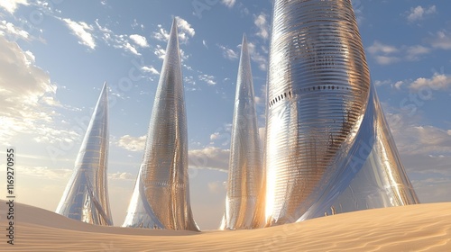 Mirage Towers: Futuristic Arab Architecture Among Swirling Dust Devils - Ultra-Detailed Cinematic Image of Reflective Towers with Shading Sails photo