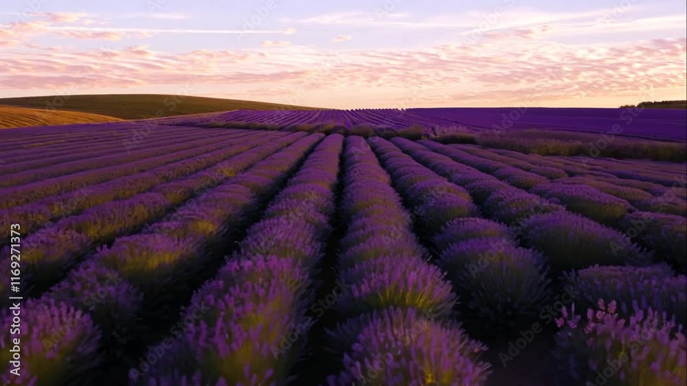 Serene Lavender Fields Under Bright Sky at Sunset Capturing Nature's Beauty and Tranquility with Rows of Vibrant Purple Flowers in Full Bloom Serene Lavender Fields Under Bright Sky at Sunset Capturing Nature's Beauty and Tranquility with Rows of Vibrant Purple Flowers in Full Bloom