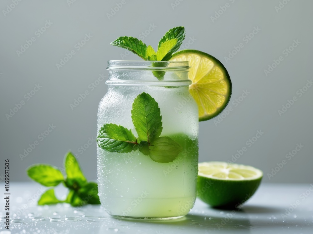 Fototapeta premium Detox drink with mint and lime in a stylish jar perfect for health enthusiasts promoting wellness and refreshing hydration.