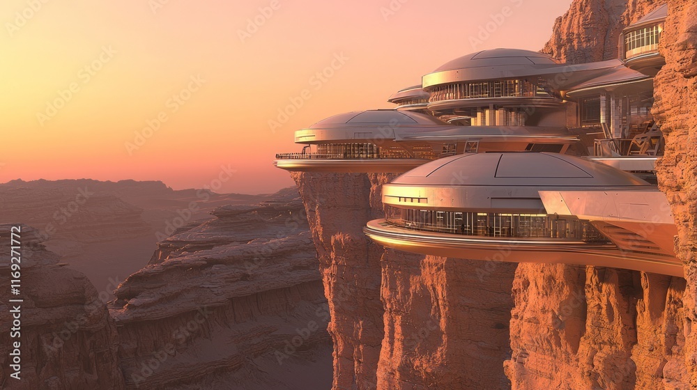 Futuristic Arabian Desert City Oasis - High-tech Observatory on Cliffs with Reflective Surfaces at Dawn Futuristic Arabian Desert City Oasis - High-tech Observatory on Cliffs with Reflective Surfaces at Dawn