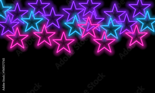 Neon stars bright pink blue purple pattern dark background vector illustration.