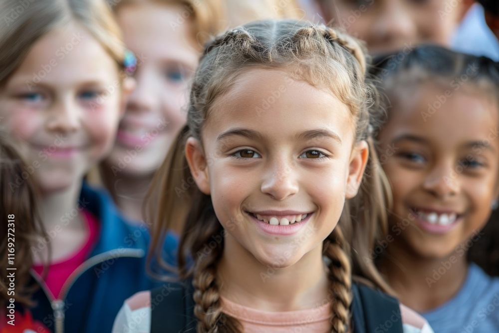 A group of young girls are smiling and posing for a picture A group of young girls are smiling and posing for a picture