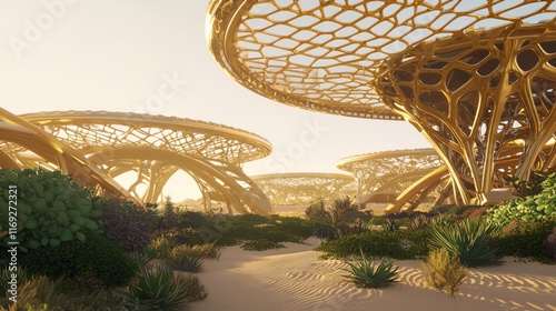 Futuristic Arabian Succulent Farm: Robotic Pickers, Gold-Hued Lattice, Cinematic Hyperdetail photo